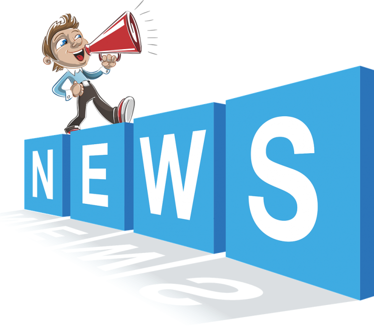 grafika napis news na czterech kwadratowych blokach, na nim chłopiec z megafonem