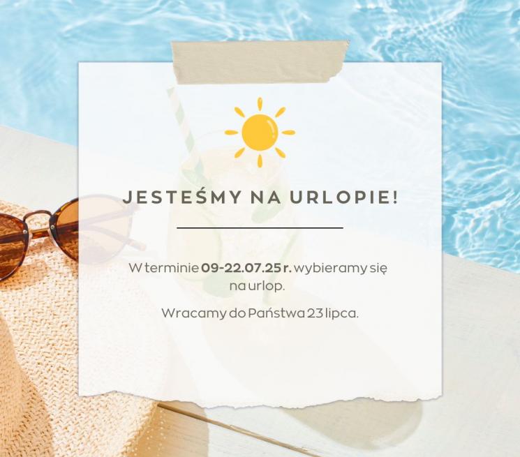 grafika informacja o urlopie na tle basenu okularów przeciwsłonecznych i kapelusza