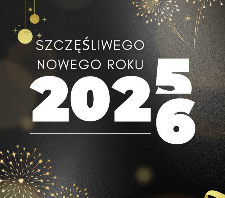 grafika napis Szczęśliwego Nowego Roku ze zmianą roku 2025 na 2026 na czarnym tle i złotych grafikach wybuchających fajerwerków