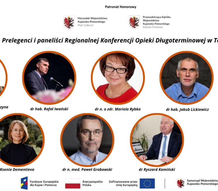 grafika miniaturowe zdjęcia w okagłych ramach prelegentó i panelistów Regionalnej Konferencji Opieki Długoterminowej w Toruniu