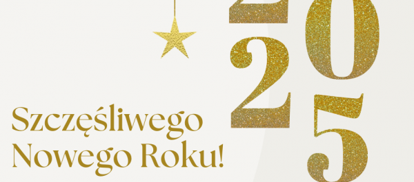 grafika życzenia Szczęśliwego Nowego Roku 2025 złote napisy na białym tle