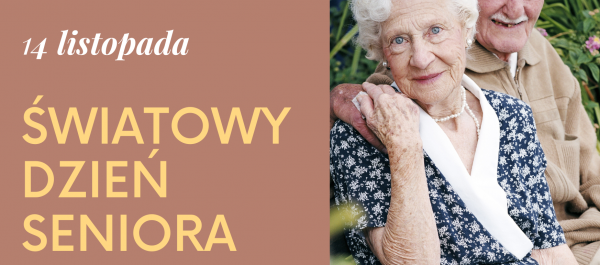 grafika napis 14 listopada Światowy Dzień Seniora obok zdjęcie pary uśmiechających się seniorów