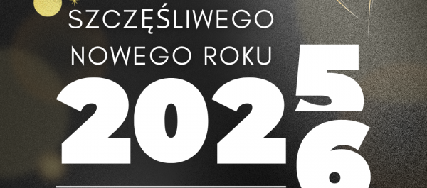 grafika napis Szczęśliwego Nowego Roku ze zmianą roku 2025 na 2026 na czarnym tle i złotych grafikach wybuchających fajerwerków