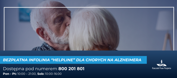 zdjęcie plakat informacyjny starszy mężczyzna całuje w czoło starszą kobietę poniżej nazwa infolini i nr telefonu