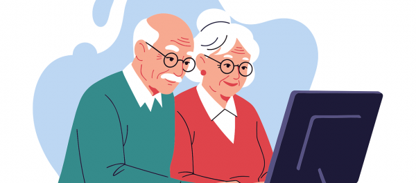 grafika dwójka seniorów kobieta i mężczyzna patrzy w ekran komputera i pisze na klawiaturze