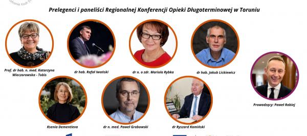 grafika miniaturowe zdjęcia w okagłych ramach prelegentó i panelistów Regionalnej Konferencji Opieki Długoterminowej w Toruniu