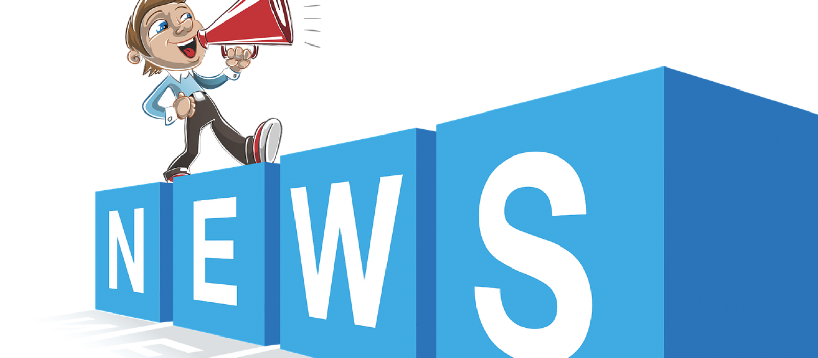 grafika napis news na czterech kwadratowych blokach, na nim chłopiec z megafonem