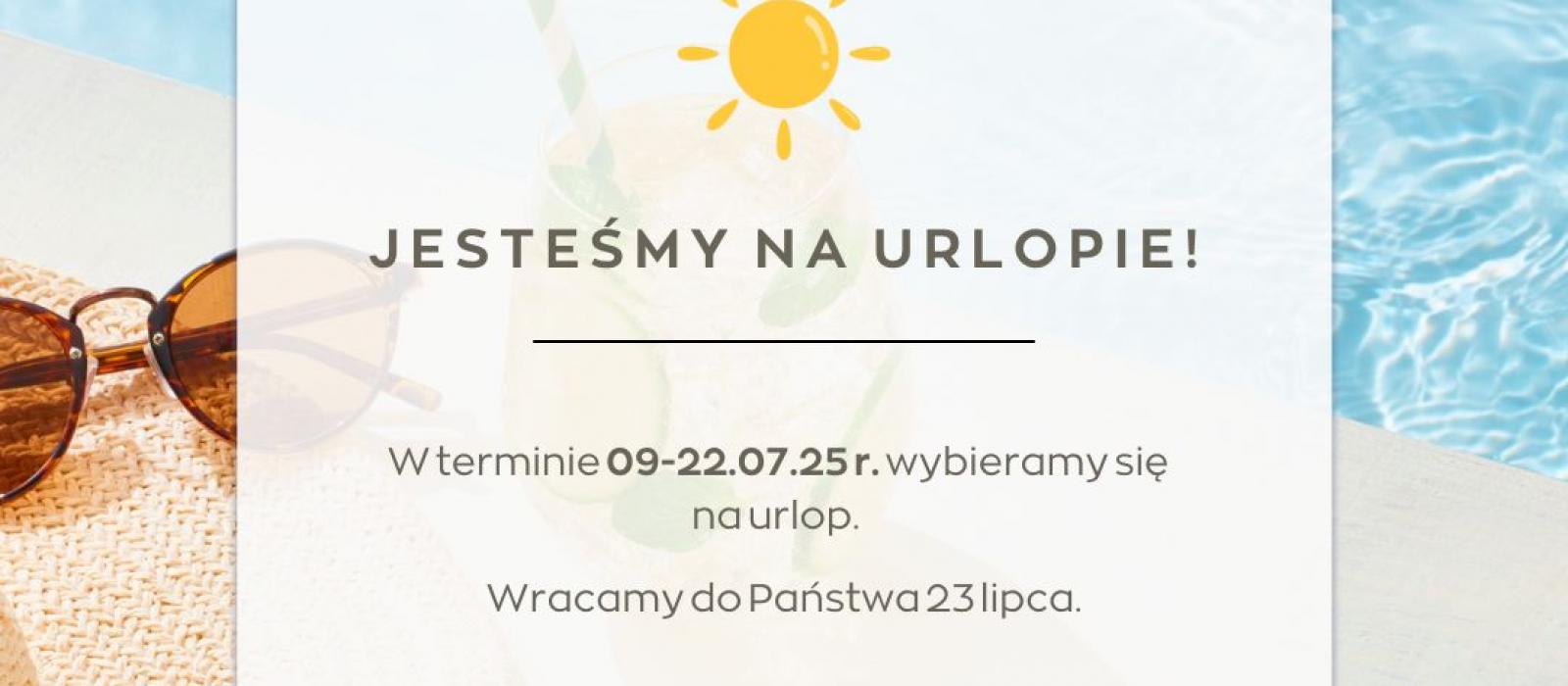 grafika informacja o urlopie na tle basenu okularów przeciwsłonecznych i kapelusza