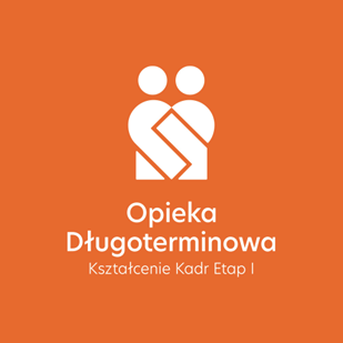 logo projektu na pomarańczonym tle biała grafika osoby w kszatłcie serca pod spodem biały napis Opieka Długotermonowa Kształcenie Kadr Etap I