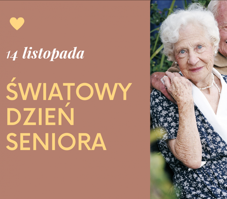 grafika napis 14 listopada Światowy Dzień Seniora obok zdjęcie pary uśmiechających się seniorów