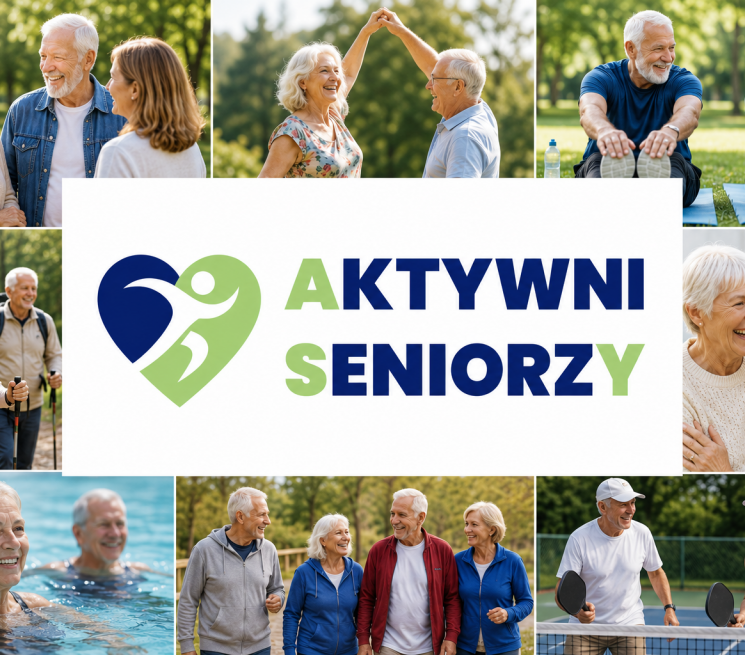 grafika plakat z logo Aktywni Seniorzy logo na białym tle umieszczone jest w środku na kolażu zdjęć przedstawiających aktwnych i uśmiechniętych seniorów