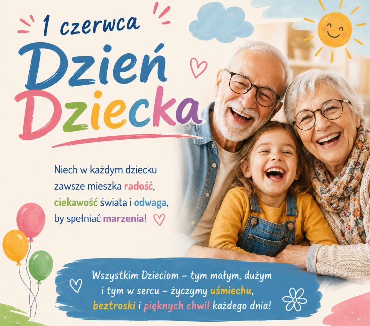 grafika uśmiechnięci starsza kobieta i mężczyzna z dziewczynką obok napis 1 czerwca Dzień Dziecka życzenia emotki słońce chmurka balony