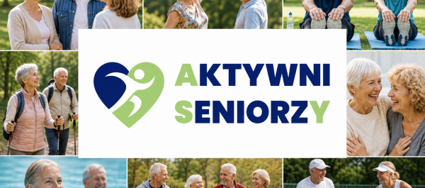 grafika plakat z logo Aktywni Seniorzy logo na białym tle umieszczone jest w środku na kolażu zdjęć przedstawiających aktwnych i uśmiechniętych seniorów
