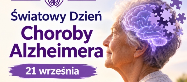 grafika starsza kobieta na wysokości głowy grafika mózgu i uciekających puzzli po prawej strony napis: Światowy Dzień Choroby Alzheimera 21 września