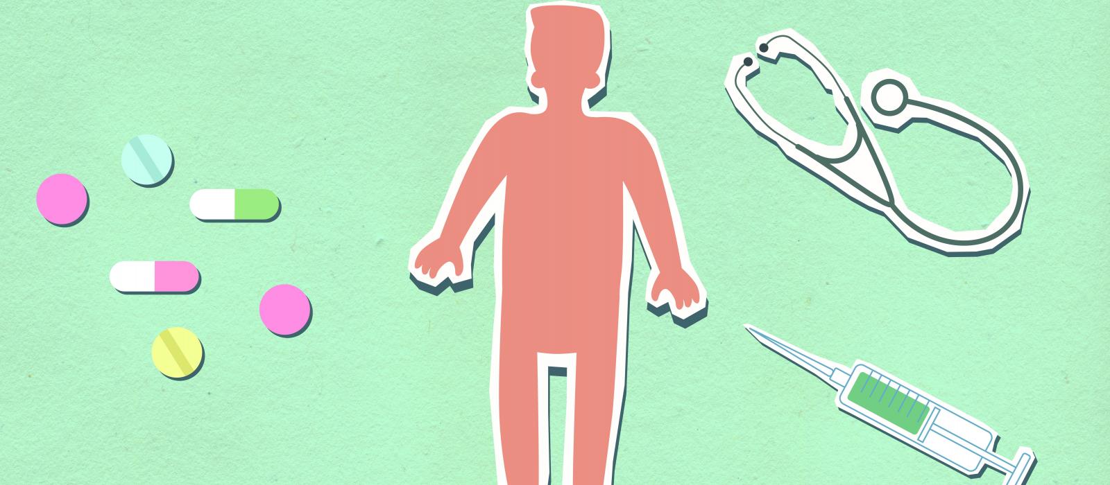 grafika na zielonym tle pomarańczowa postać człowieka po lewej stronie grafika tabletek po praeej strzykawka i stetoskop